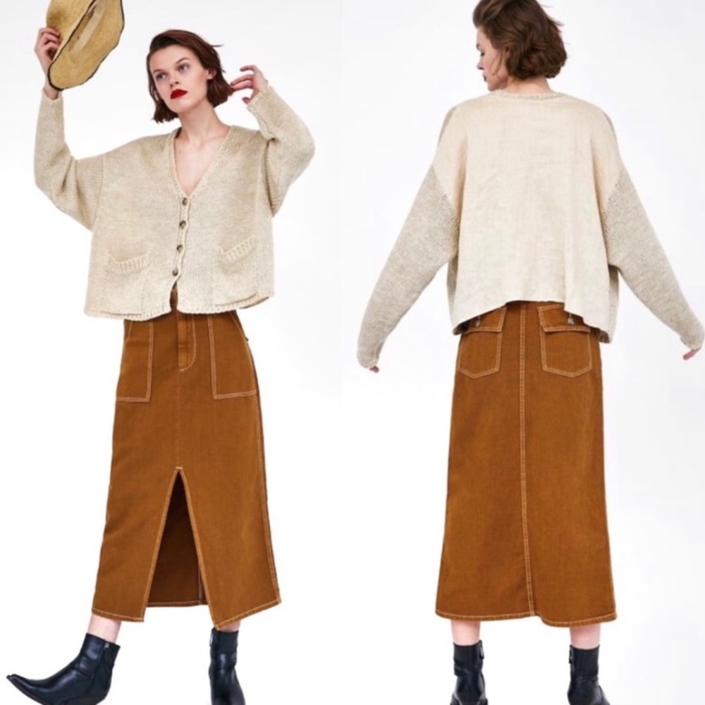 SOLD NWOT Zara Contrasting Top Stitch Midi Skirt